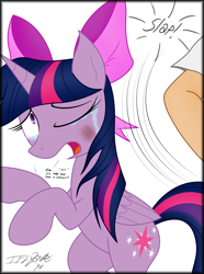 Size: 2660x3576 | Tagged: safe, artist:iflysna94, derpibooru import, twilight sparkle, twilight sparkle (alicorn), alicorn, human, pony, abuse, abusive human, bow, bruised, dialogue, elbow, hair bow, hand, simple background, twilybuse, white background