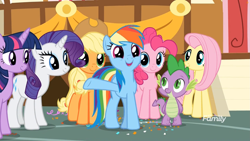 Size: 1745x982 | Tagged: safe, derpibooru import, screencap, applejack, fluttershy, pinkie pie, rainbow dash, rarity, spike, twilight sparkle, twilight sparkle (alicorn), alicorn, dragon, earth pony, pegasus, pony, unicorn, the last crusade, cute, dashabetes, discovery family logo, mane six, ponyville town hall, town hall