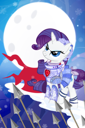 Size: 667x1000 | Tagged: safe, artist:pixelkitties, rarity, pony, unicorn, armor, army, crystal, female, flag, mare, moon, night, sky, snow, spear, weapon, winter