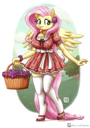 Size: 1473x2100 | Tagged: safe, artist:king-kakapo, fluttershy, anthro, pegasus, unguligrade anthro, basket, breasts, clothes, dress, female, flower, flower in hair, hootershy, mare, patreon, patreon logo, scenery, shoes, solo, stockings, thigh highs