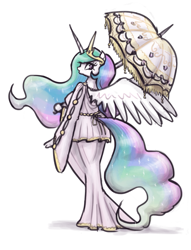 Size: 977x1280 | Tagged: safe, artist:king-kakapo, princess celestia, alicorn, anthro, unguligrade anthro, arm hooves, clothes, crown, dress, female, jewelry, looking back, mare, rear view, regalia, simple background, umbrella