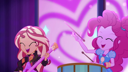 Size: 1920x1080 | Tagged: safe, screencap, pinkie pie, sunset shimmer, better together, equestria girls, sunset's backstage pass!, drums, eyes closed, guitar, musical instrument, screen