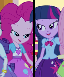 Size: 439x527 | Tagged: safe, derpibooru import, screencap, fluttershy, pinkie pie, rarity, twilight sparkle, equestria girls, perfect day for fun, rainbow rocks, context is for the weak, female, forehead, lidded eyes, out of context, shipping fuel