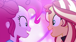 Size: 1920x1080 | Tagged: safe, screencap, pinkie pie, sunset shimmer, better together, equestria girls, sunset's backstage pass!, clothes, duo, female, looking at each other, open mouth, smiling, stage