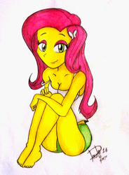 Size: 585x794 | Tagged: safe, artist:suicidemachine363, fluttershy, equestria girls, barefoot, cleavage, clothes, feet, female, looking at you, tanktop, traditional art