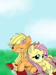 Size: 768x1024 | Tagged: safe, artist:php76, applejack, fluttershy, earth pony, pegasus, pony, accessory swap, appleshy, female, hatless, lesbian, missing accessory, picnic blanket, shipping