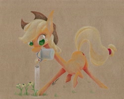 Size: 640x511 | Tagged: safe, artist:getchanoodlewet, applejack, earth pony, pony, flower, mouth hold, solo, traditional art, water, watering can