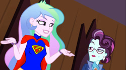 Size: 1100x618 | Tagged: safe, edit, edited screencap, screencap, princess celestia, principal abacus cinch, principal celestia, equestria girls, clothes, cosplay, costume, crossover, dc comics, supelestia, supergirl