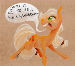 Size: 5862x5152 | Tagged: safe, artist:getchanoodlewet, applejack, earth pony, pony, absurd resolution, angry, dialogue, hatless, missing accessory, solo, swearing, traditional art, vulgar