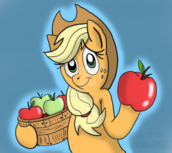Size: 1280x1144 | Tagged: dead source, safe, artist:gretsch1962, applejack, earth pony, pony, apple, applejack's hat, cowboy hat, deviantart watermark, female, hat, looking at you, mare, obtrusive watermark, simple background, solo, watermark