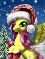 Size: 1536x2048 | Tagged: safe, artist:pony-stark, fluttershy, pegasus, pony, christmas tree, hat, looking at you, santa hat, snow, snowfall, solo, tree, winter