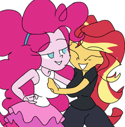 Size: 662x675 | Tagged: safe, artist:treble clefé, pinkie pie, sunset shimmer, all the world's off stage, better together, equestria girls, cute, duo, female, lesbian, scene interpretation, shipping, smiling, sunsetpie