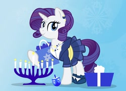 Size: 1000x720 | Tagged: safe, artist:pixelkitties, rarity, pony, unicorn, candle, clothes, dreidel, dress, ear piercing, earring, female, gift bag, hanukkah, jew rarity, jewelry, jewnicorn, judaism, mare, menorah, necklace, piercing, present, shoes, solo