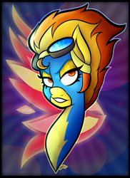 Size: 2400x3300 | Tagged: safe, artist:cosmicchrissy, derpibooru import, spitfire, pegasus, pony, bust, clothes, complex background, female, goggles, mare, solo, uniform, wonderbolts uniform