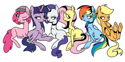 Size: 1500x751 | Tagged: safe, artist:anyazen, artist:icey-wicey-1517, color edit, derpibooru import, edit, applejack, fluttershy, pinkie pie, rainbow dash, rarity, twilight sparkle, twilight sparkle (alicorn), alicorn, earth pony, pegasus, pony, unicorn, collaboration, alternate hairstyle, anklet, beanie, bedroom eyes, butt, choker, colored, dyed mane, ear piercing, earring, eye clipping through hair, eyebrow piercing, female, goth, hair dye, hat, horn, horn ring, jewelry, mane six, mare, missing cutie mark, piercing, plot, simple background, tongue out, tongue piercing, transparent background, wristband