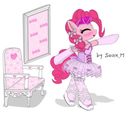 Size: 580x522 | Tagged: safe, artist:avchonline, pinkie pie, earth pony, pony, ballerina, ballet, ballet slippers, bipedal, blushing, canterlot royal ballet academy, chair, clothes, cute, dancing, dress, evening gloves, frilly dress, frilly pie, gloves, happy, headband, heart, pinkarina, ribbon, solo, tights, tutu
