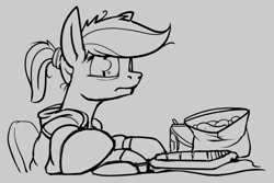 Size: 806x537 | Tagged: safe, artist:dacaoo, derpibooru import, rainbow dash, pegasus, pony, alternate hairstyle, chips, clothes, computer mouse, food, hoodie, keyboard, monochrome, ponytail, soda can, solo