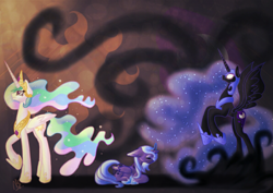 Size: 1191x842 | Tagged: safe, artist:darkestsunset, nightmare moon, princess celestia, princess luna, alicorn, pony, duality, eyes closed, floppy ears, prone, rearing, royal sisters, s1 luna