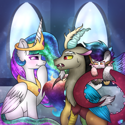 Size: 1024x1024 | Tagged: dead source, safe, artist:northlights8, discord, princess celestia, oc, alicorn, hybrid, pony, biting, crown, dislestia, family, female, interspecies offspring, jewelry, looking at each other, male, next generation, offspring, parent:discord, parent:princess celestia, parents:dislestia, regalia, shipping, straight