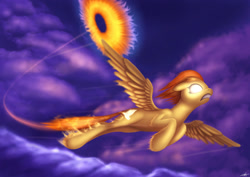 Size: 1754x1240 | Tagged: safe, artist:jeki, derpibooru import, spitfire, pegasus, pony, female, fire, flying, glowing eyes, mare, night, solo, sonic xboom, spitfiery