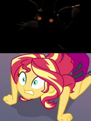 Size: 1660x2216 | Tagged: safe, sunset shimmer, robot, better together, equestria girls, forgotten friendship, animatronic, bfpfilms424, buster (trtf), crossover, five nights at freddy's, meme, orange eyes, scared, scott cawthon, shrunken pupils, the return to freddy's, the return to freddy's 5, torture buster, tyler ahlstrom