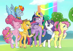 Size: 4814x3405 | Tagged: safe, artist:lightisanasshole, derpibooru import, applejack, fluttershy, pinkie pie, princess twilight 2.0, rainbow dash, rarity, twilight sparkle, twilight sparkle (alicorn), alicorn, earth pony, pegasus, pony, unicorn, rainbow falls, the last problem, absurd resolution, apple, apple tree, appledash, banner, blue coat, boots, candy, cheek fluff, chest fluff, clothes, cloud, coat, confetti, crown, curly hair, cutie mark, ear fluff, end of ponies, eyes closed, female, finale, fluffy, flying, food, grass, gray mane, group picture, hair bun, hat, jewelry, leg fluff, lesbian, lollipop, looking back, looking down, looking up, mane six, older, older applejack, older fluttershy, older mane six, older pinkie pie, older rainbow dash, older rarity, older twilight, older twilight sparkle (alicorn), open mouth, ponytail, raised hoof, regalia, scarf, shoes, sky, sparkles, together forever, tree, walking, wings