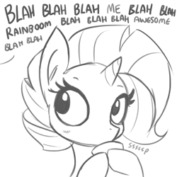 Size: 1650x1650 | Tagged: safe, artist:tjpones, rarity, pony, unicorn, blah blah blah, blushing, bust, cup, dialogue, drink, drinking, female, food, grayscale, hoof hold, implied rainbow dash, mare, monochrome, offscreen character, simple background, sipping, sipping tea, sketch, solo, tea, teacup, white background