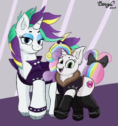 Size: 1636x1744 | Tagged: safe, artist:amazingbunzai, rarity, sweetie belle, pony, unicorn, alternate hairstyle, bracelet, duo, female, filly, jewelry, looking at you, mare, punk, raripunk, spiked wristband, studded bracelet, wristband