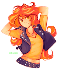 Size: 2400x3000 | Tagged: safe, artist:lalakachu, sunset shimmer, better together, equestria girls, arm behind head, belly button, clothes, female, geode of empathy, half body, high res, jewelry, leather belt, magical geodes, midriff, necklace, ponied up, redhead, short shirt, simple background, solo, white background