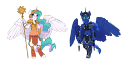 Size: 2500x1200 | Tagged: safe, artist:joan-grace, princess celestia, princess luna, alicorn, anthro, unguligrade anthro, abs, alternate universe, armor, female, hoof hands, mare, rebellion, royal sisters, simple background, smiling, staff, warrior, warrior celestia, warrior luna, weapon, white background