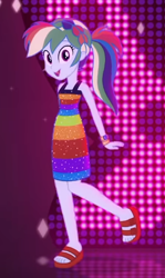 Size: 312x522 | Tagged: safe, derpibooru import, screencap, rainbow dash, better together, equestria girls, i'm on a yacht, alternate hairstyle, cropped, cute, dashabetes, feet, geode of super speed, magical geodes, neon eg logo, ponytail, sandals, sleeveless, solo