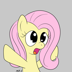 Size: 1024x1024 | Tagged: safe, artist:mr-1, fluttershy, pegasus, pony, female, gray background, mare, open mouth, simple background, solo