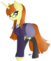 Size: 895x1065 | Tagged: safe, artist:virenth, oc, oc only, oc:hime cut, pony, unicorn, business suit, businessmare, clothes, female, garters, glasses, looking at you, secretary, simple background, skirt, solo, standing, stockings, suit, thigh highs, transparent background