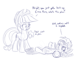 Size: 1000x750 | Tagged: safe, artist:heir-of-rick, applejack, rarity, earth pony, pony, unicorn, comfort eating, cookie, marshmelodrama, monochrome, planning, sketch, underhoof