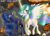 Size: 4823x3445 | Tagged: safe, artist:darkest-lunar-flower, princess celestia, princess luna, alicorn, pony, absurd resolution, blood, cut, explosion, glowing horn, magic, running, telekinesis