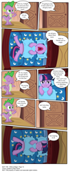 Size: 3419x8377 | Tagged: safe, artist:perfectblue97, derpibooru import, spike, twilight sparkle, dragon, earth pony, pony, comic:without magic, bed, blank flank, comic, drama queen, earth pony twilight, golden oaks library, pillow