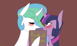 Size: 2000x1200 | Tagged: safe, artist:moonakart13, artist:moonaknight13, princess celestia, twilight sparkle, alicorn, pony, blushing, blushing profusely, book, bookmark, covering mouth, eyes closed, female, kissing, lesbian, mare, shipping, shocked, simple background, twilestia