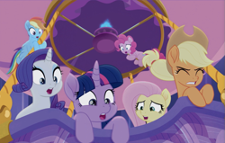 Size: 1363x866 | Tagged: safe, derpibooru import, screencap, applejack, fluttershy, pinkie pie, rainbow dash, rarity, twilight sparkle, twilight sparkle (alicorn), alicorn, earth pony, pegasus, pony, unicorn, rainbow roadtrip, hot air balloon, mane six, movie designs, preview