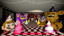 Size: 3840x2160 | Tagged: safe, artist:optimussparkle, pinkie pie, sci-twi, sunset shimmer, twilight sparkle, oc, better together, equestria girls, 3d, birthday, birthday cake, birthday party, bonnie, cake, chica, crossover, five nights at freddy's, food, glitchtrap, happy birthday, hat, mario, non-mlp oc, party, party hat, shadow freddy, source filmmaker, super mario bros.