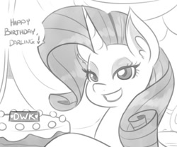 Size: 600x500 | Tagged: safe, artist:dwk, artist:reiduran, rarity, pony, unicorn, birthday, birthday cake, bust, cake, ear fluff, female, food, grayscale, heart, mare, monochrome, solo