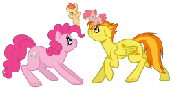 Size: 1097x564 | Tagged: safe, artist:detoxx-retoxx, derpibooru import, pinkie pie, spitfire, oc, oc:cherry pie, oc:rosy flame, earth pony, pegasus, pony, baby, baby pony, female, filly, lesbian, magical lesbian spawn, offspring, parent:pinkie pie, parent:spitfire, parents:spitpie, shipping, spitpie