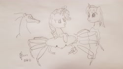 Size: 4032x2268 | Tagged: safe, artist:parclytaxel, rarity, oc, oc:parcly taxel, oc:spindle, alicorn, crab, pony, unicorn, windigo, ain't never had friends like us, albumin flask, alicorn oc, food, giant crab, grin, horn ring, japan, kinosaki, lineart, magic, monochrome, parcly taxel in japan, pencil drawing, rarity fighting a giant crab, smiling, story included, telekinesis, traditional art, windigo oc