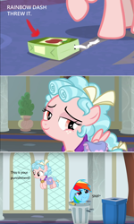 Size: 1018x1698 | Tagged: safe, derpibooru import, edit, edited screencap, screencap, cozy glow, rainbow dash, pegasus, pony, school raze, abuse, apple juice, background pony strikes again, comic, dashabuse, female, filly, into the trash it goes, juice, juice box, op is a cuck, op is trying to start shit, punishment, rainbow trash, sad, screencap comic, trash, trash can