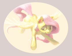 Size: 2732x2148 | Tagged: safe, artist:kaermter, fluttershy, pegasus, pony, bright, flying, looking down, solo, spread wings