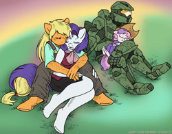 Size: 1200x939 | Tagged: safe, artist:kaemantis, applejack, rarity, sweetie belle, anthro, unguligrade anthro, chief and belle, crossover, female, halo (series), lesbian, master chief, rarijack, shipping