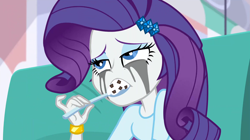 Size: 1912x1072 | Tagged: safe, screencap, rarity, dance magic, equestria girls, spoiler:eqg specials, comfort eating, crying, eating, food, ice cream, makeup, marshmelodrama, mascara, mascarity, nom, running makeup, sad, solo, spoon