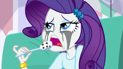 Size: 1912x1072 | Tagged: safe, screencap, rarity, dance magic, equestria girls, spoiler:eqg specials, bracelet, comfort eating, crying, eating, food, ice cream, jewelry, makeup, marshmelodrama, mascara, mascarity, nom, running makeup, sad, solo, spoon