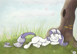 Size: 3000x2121 | Tagged: safe, artist:maneingreen, rarity, pony, unicorn, eyes closed, female, floppy ears, grass, lying down, mare, nature, peaceful, sleeping, solo, tree, under the tree