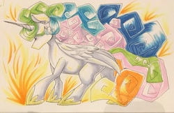 Size: 2699x1753 | Tagged: safe, artist:ihasjessie-kat, princess celestia, alicorn, pony, eyes closed, female, hoof shoes, mare, missing accessory, multicolored mane, multicolored tail, solo, traditional art