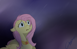 Size: 1024x649 | Tagged: safe, artist:rutkotka, fluttershy, pegasus, pony, cheated, confused, disappointed, element of kindness, elements of harmony, emotional, floppy ears, looking at something, lost, messy mane, open mouth, rain, solo, stray strand, wings down